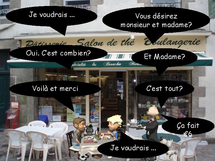 Je voudrais. . . Oui. C’est combien? Voilà et merci Vous désirez monsieur et