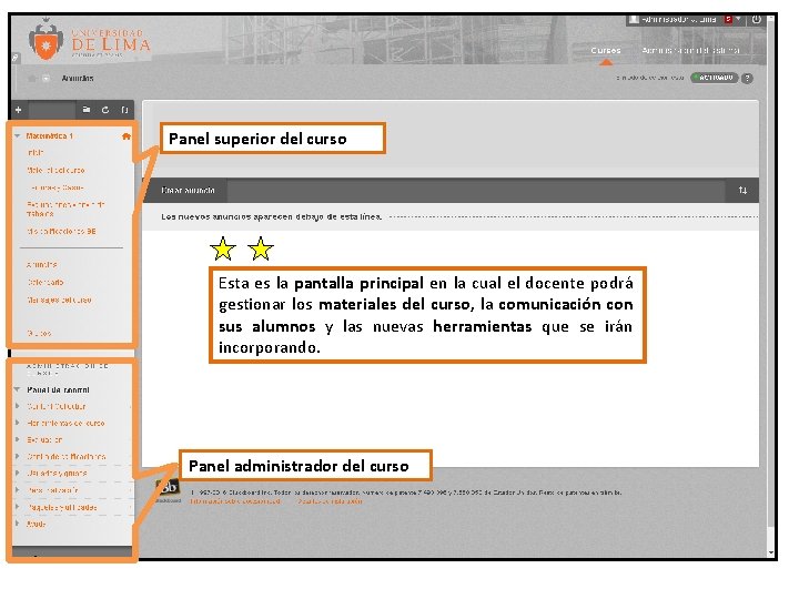 Panel superior del curso Esta es la pantalla principal en la cual el docente