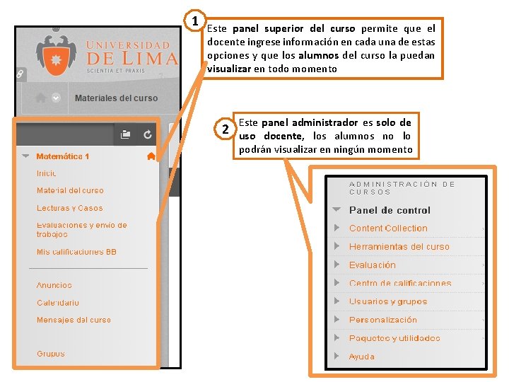 1 Este panel superior del curso permite que el docente ingrese información en cada