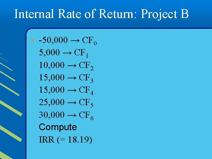 Internal Rate of Return: Project B • -50, 000 → CF 0 5, 000