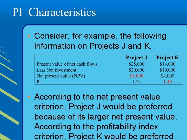 PI Characteristics • Consider, for example, the following information on Projects J and K.