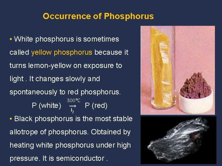 Occurrence of Phosphorus • White phosphorus is sometimes called yellow phosphorus because it turns