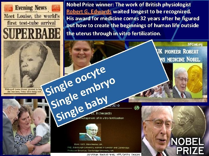 Nobel Prize winner: The work of British physiologist Robert G. Edwards waited longest to