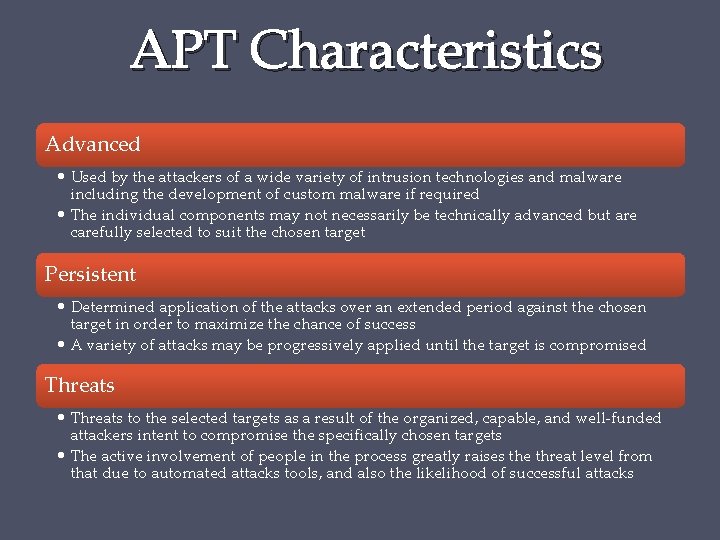 APT Characteristics Advanced • Used by the attackers of a wide variety of intrusion