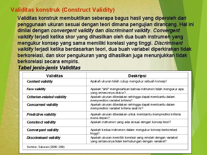 Validitas konstruk (Construct Validity) Validitas konstruk membuktikan seberapa bagus hasil yang diperoleh dari penggunaan