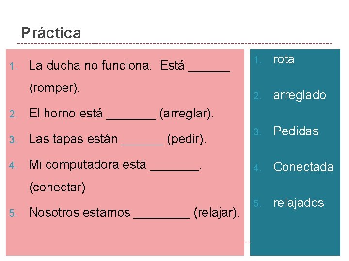 Práctica 1. La ducha no funciona. Está ______ (romper). 2. 1. rota 2. arreglado