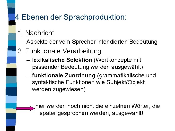 4 Ebenen der Sprachproduktion: 1. Nachricht Aspekte der vom Sprecher intendierten Bedeutung 2. Funktionale
