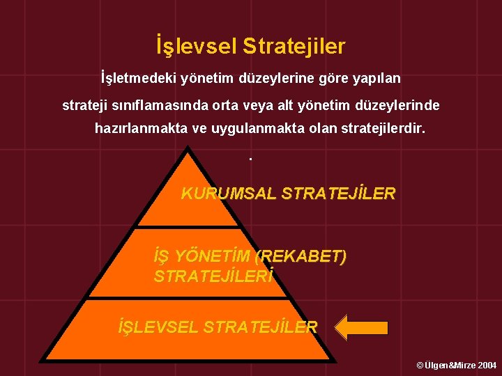 İşlevsel Stratejiler İşletmedeki yönetim düzeylerine göre yapılan strateji sınıflamasında orta veya alt yönetim düzeylerinde