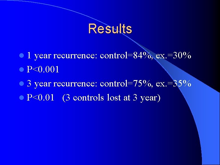 Results l 1 year recurrence: control=84%, ex. =30% l P<0. 001 l 3 year