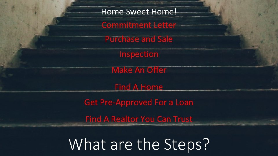 Home Sweet Home! Commitment Letter Purchase and Sale Inspection Make An Offer Find A