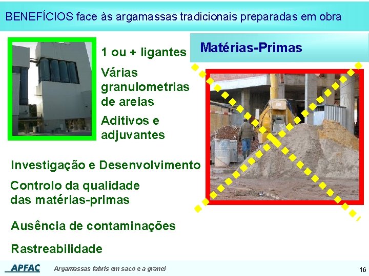 BENEFÍCIOS face às argamassas tradicionais preparadas em obra 1 ou + ligantes Matérias-Primas Várias