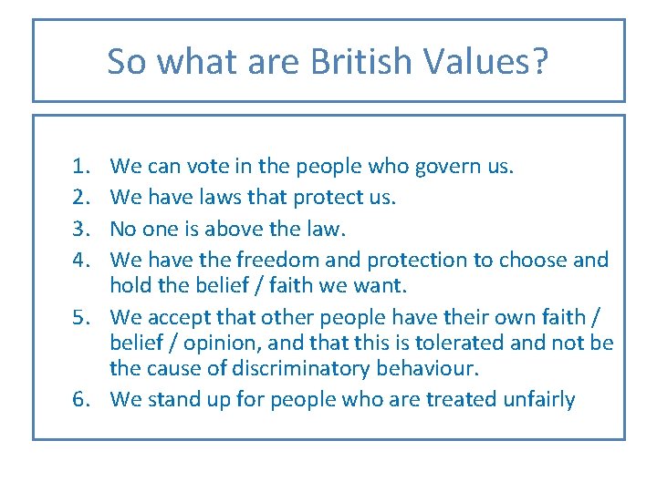 So what are British Values? 1. 2. 3. 4. We can vote in the