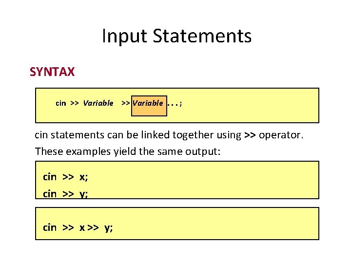 Input Statements SYNTAX cin >> Variable. . . ; cin statements can be linked