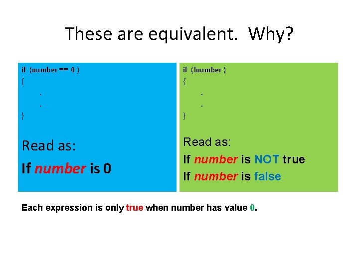 These are equivalent. Why? if (number == 0 ) {. . } if (!number