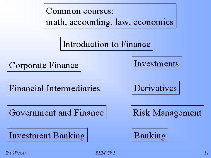 Common courses: math, accounting, law, economics Introduction to Finance Corporate Finance Investments Financial Intermediaries