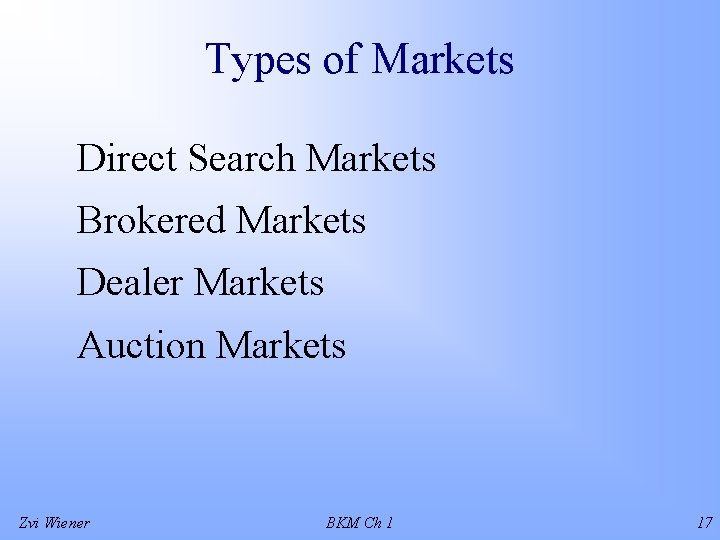 Types of Markets Direct Search Markets Brokered Markets Dealer Markets Auction Markets Zvi Wiener