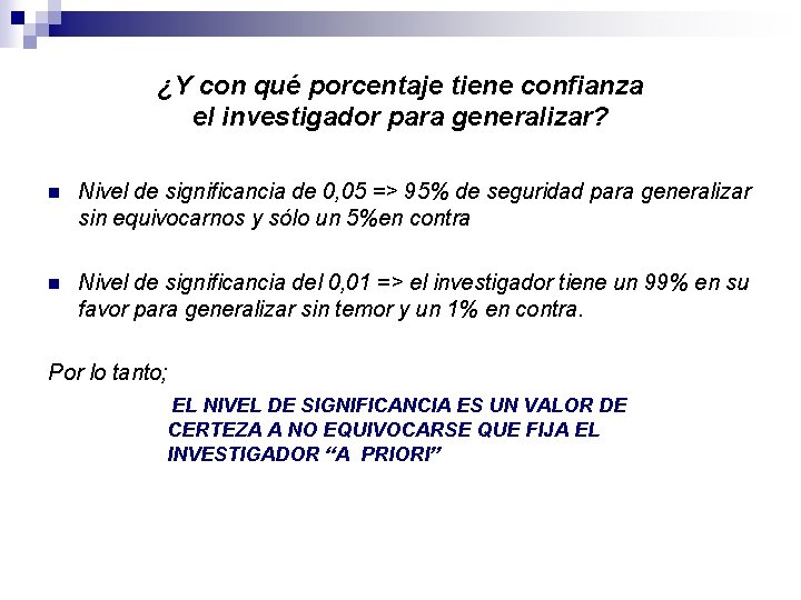 ¿Y con qué porcentaje tiene confianza el investigador para generalizar? n Nivel de significancia