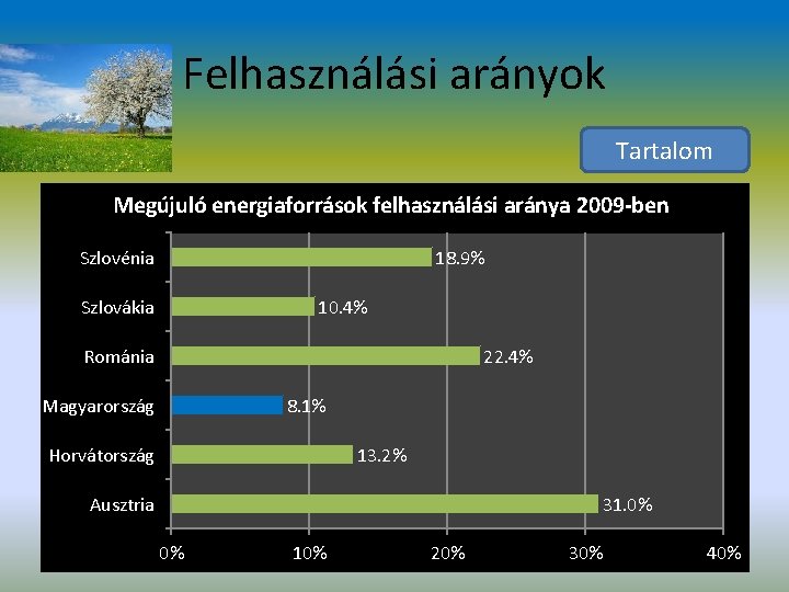 Felhasználási arányok Tartalom Megújuló energiaforrások felhasználási aránya 2009 -ben Szlovénia 18. 9% Szlovákia 10.