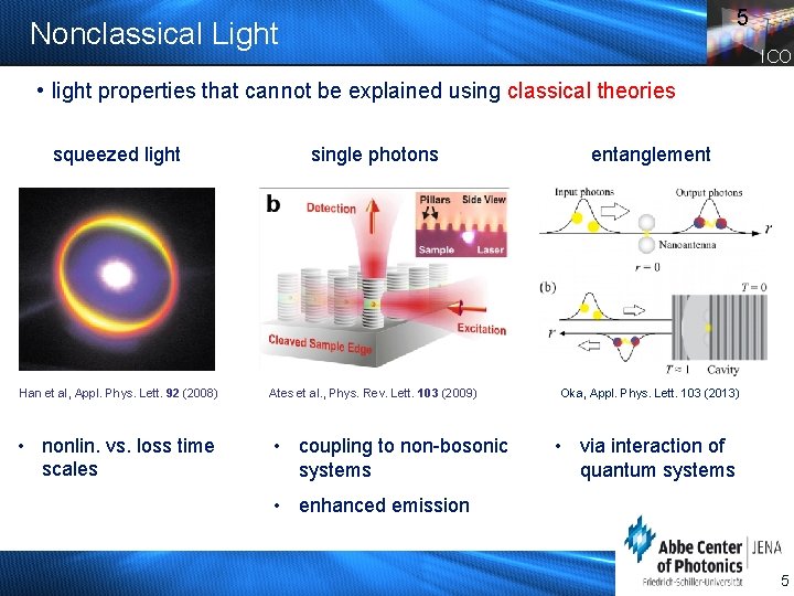 5 Nonclassical Light ICO • light properties that cannot be explained using classical theories