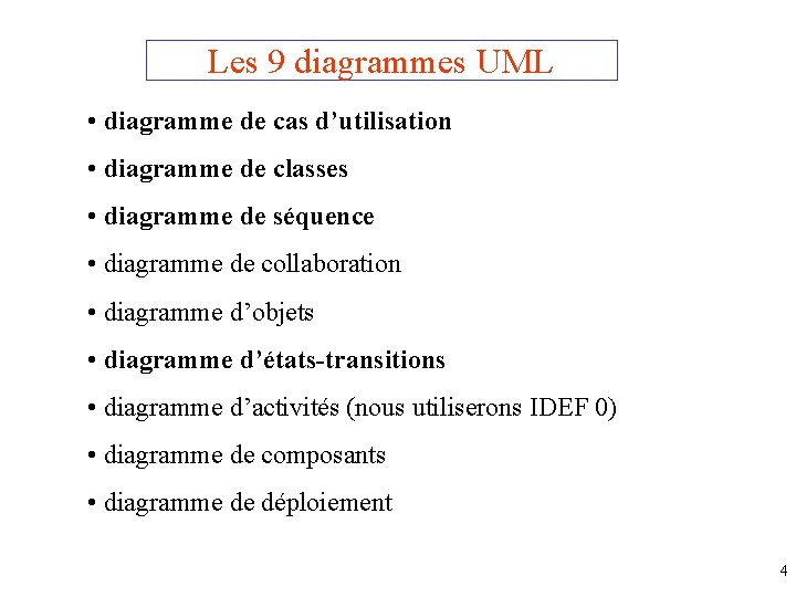 Les 9 diagrammes UML • diagramme de cas d’utilisation • diagramme de classes •