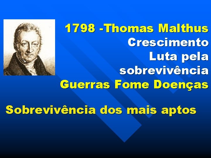 1798 -Thomas Malthus Crescimento Luta pela sobrevivência Guerras Fome Doenças Sobrevivência dos mais aptos