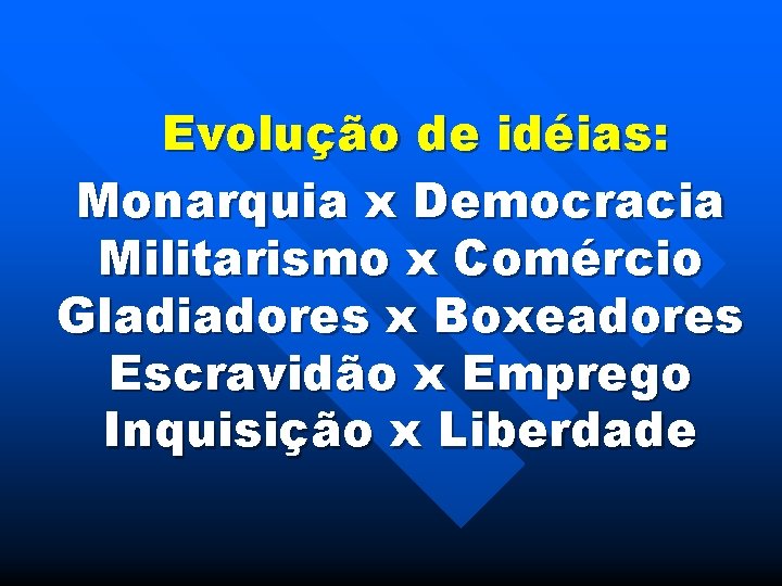 Evolução de idéias: Monarquia x Democracia Militarismo x Comércio Gladiadores x Boxeadores Escravidão x