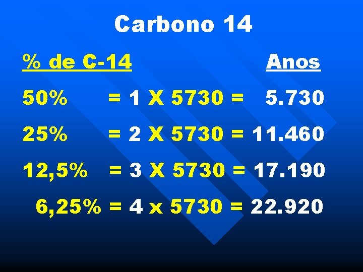 Carbono 14 % de C-14 Anos 50% = 1 X 5730 = 5. 730