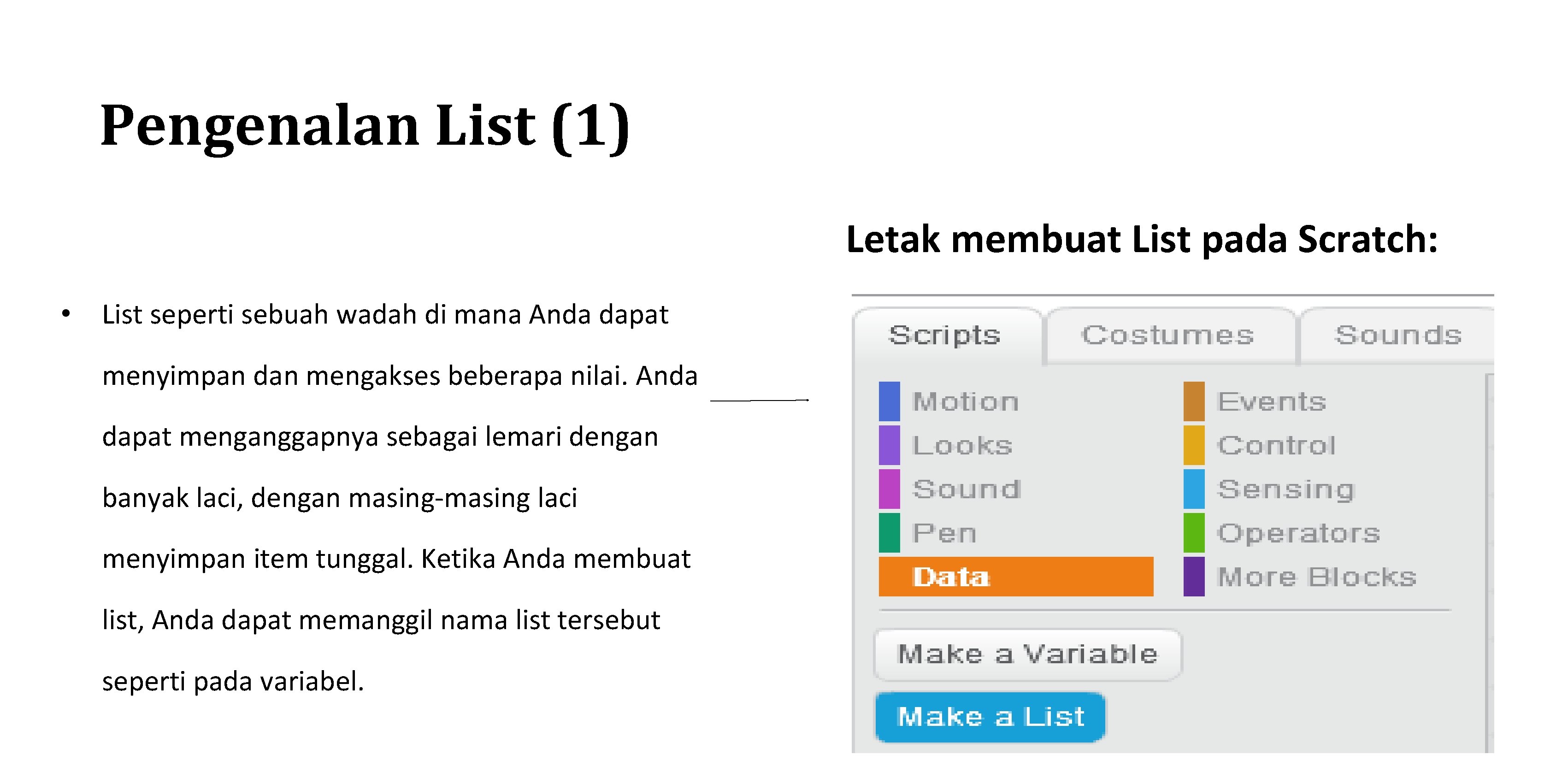 Pengenalan List (1) Letak membuat List pada Scratch: • List seperti sebuah wadah di