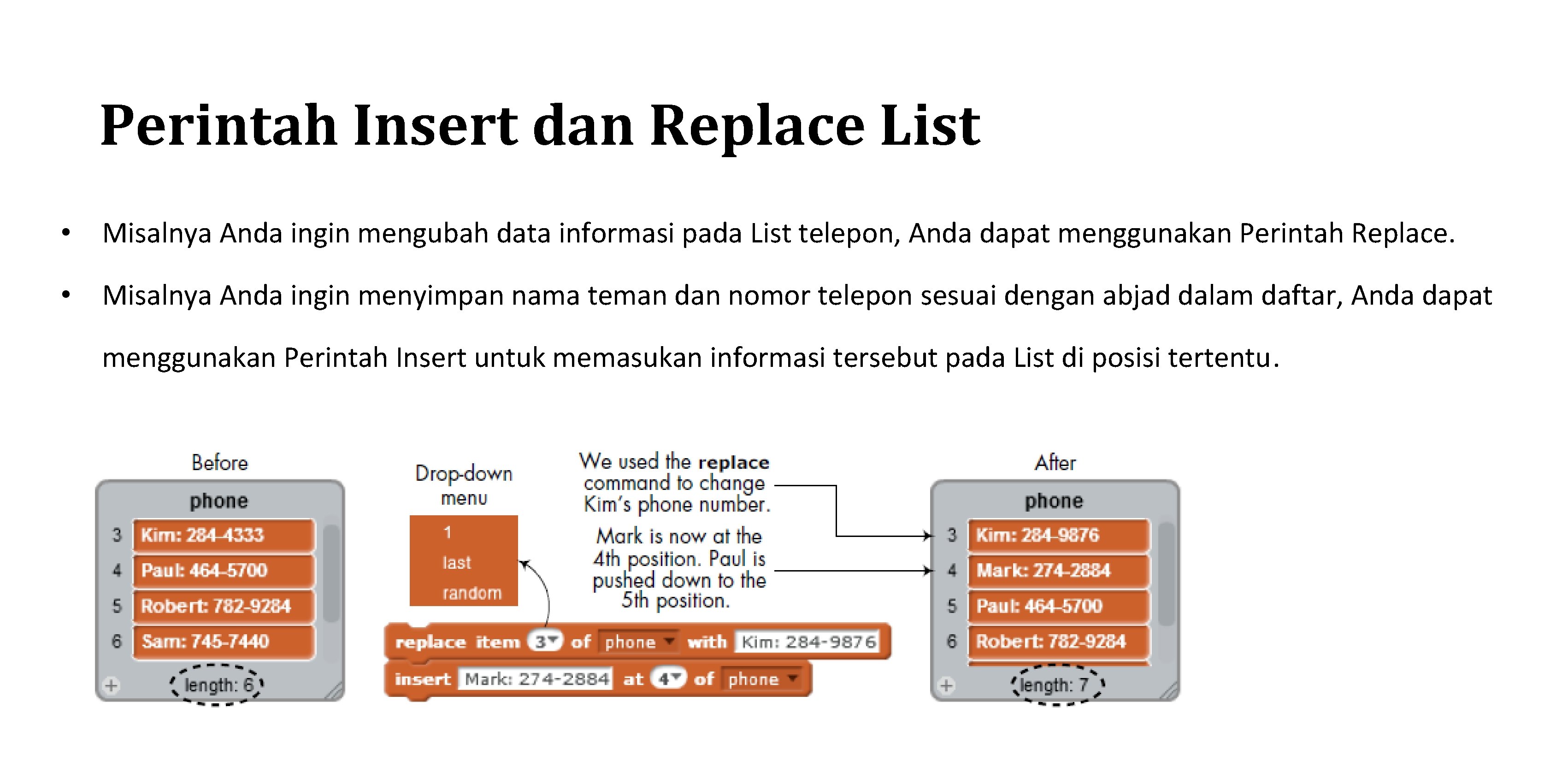 Perintah Insert dan Replace List • Misalnya Anda ingin mengubah data informasi pada List