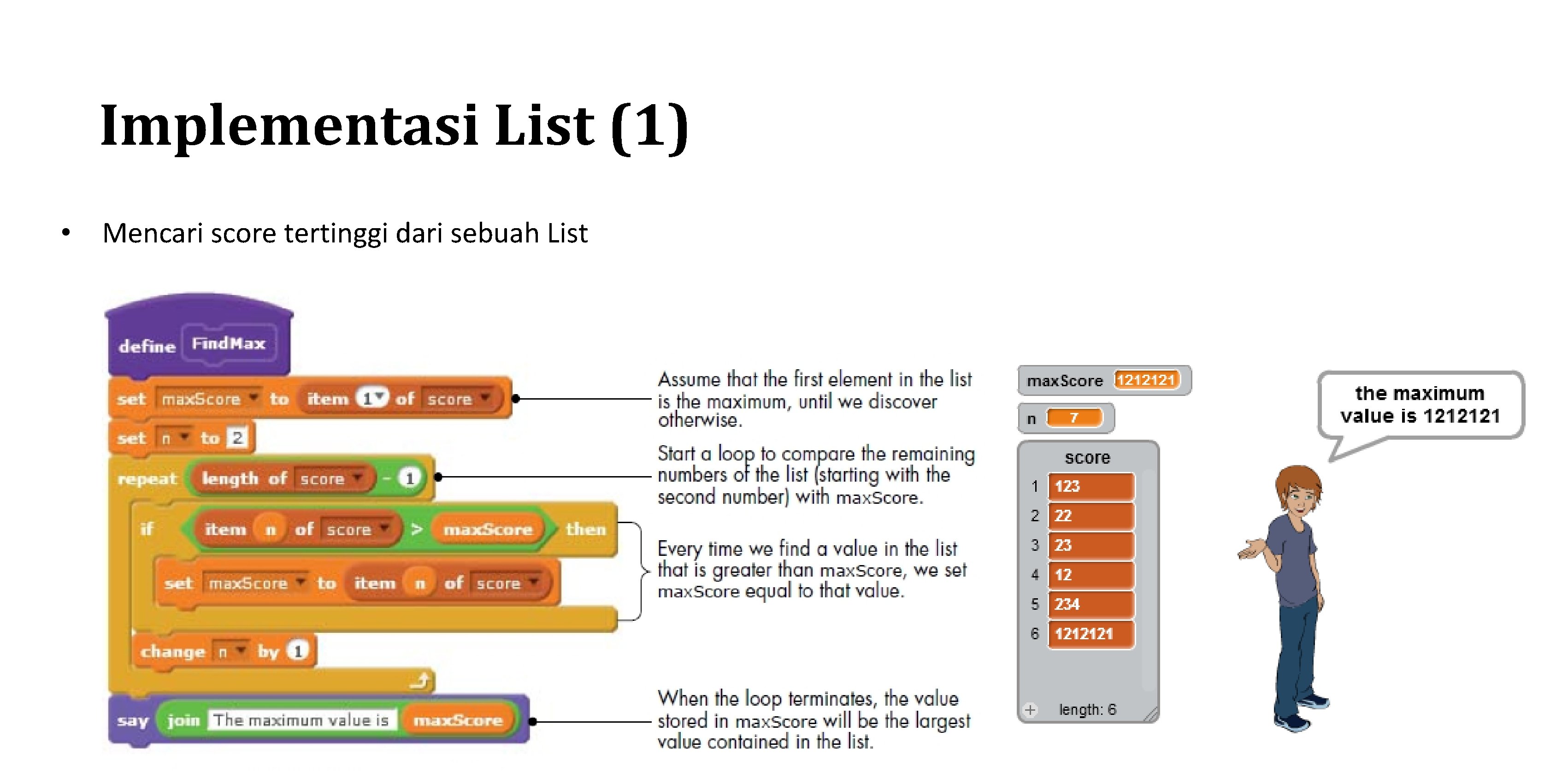 Implementasi List (1) • Mencari score tertinggi dari sebuah List 