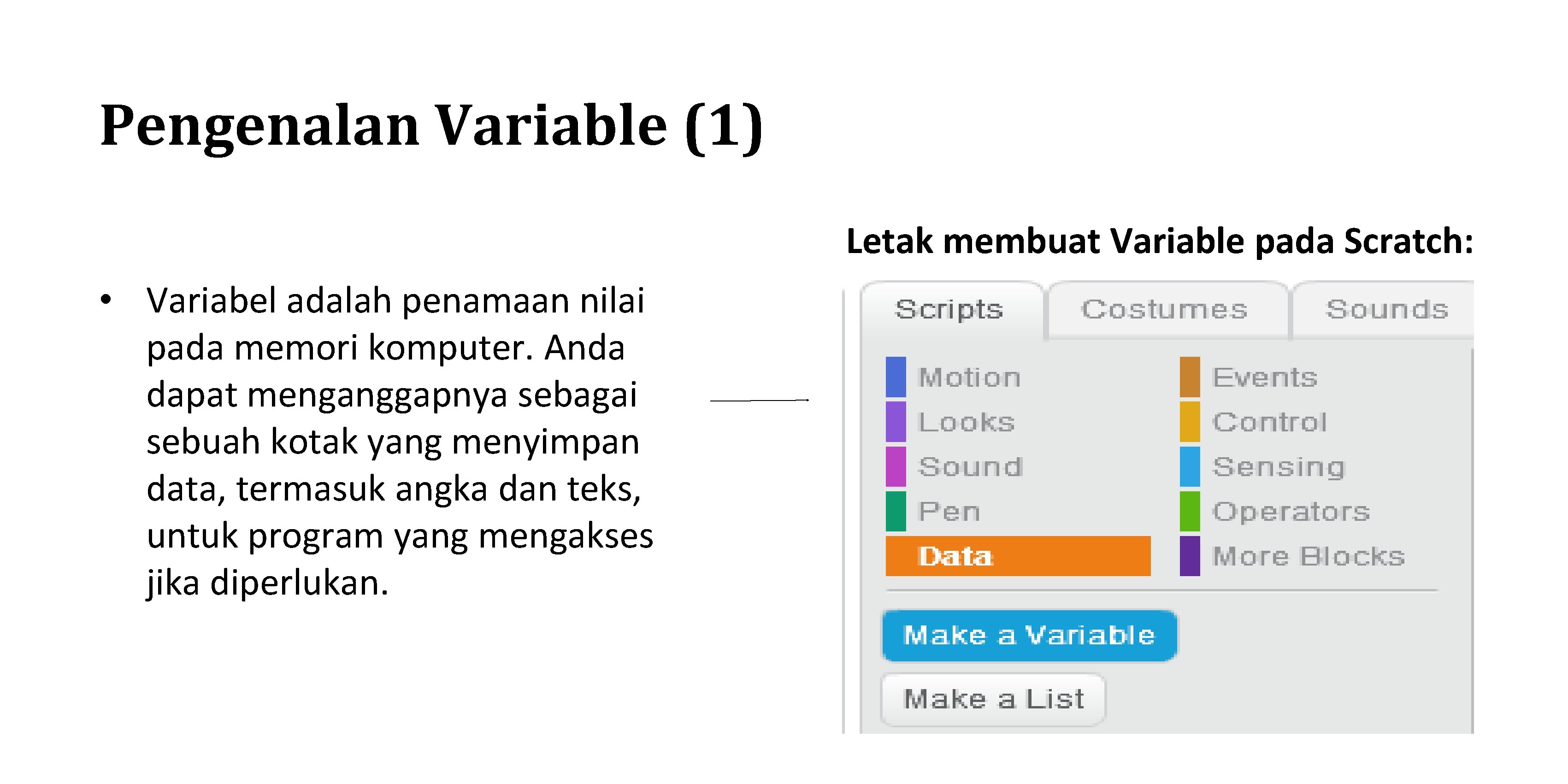 Pengenalan Variable (1) Letak membuat Variable pada Scratch: • Variabel adalah penamaan nilai pada