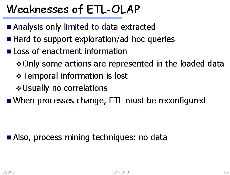 Weaknesses of ETL-OLAP n Analysis only limited to data extracted n Hard to support
