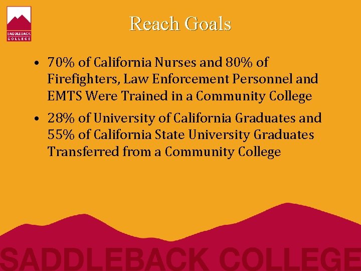 Reach Goals • 70% of California Nurses and 80% of Firefighters, Law Enforcement Personnel