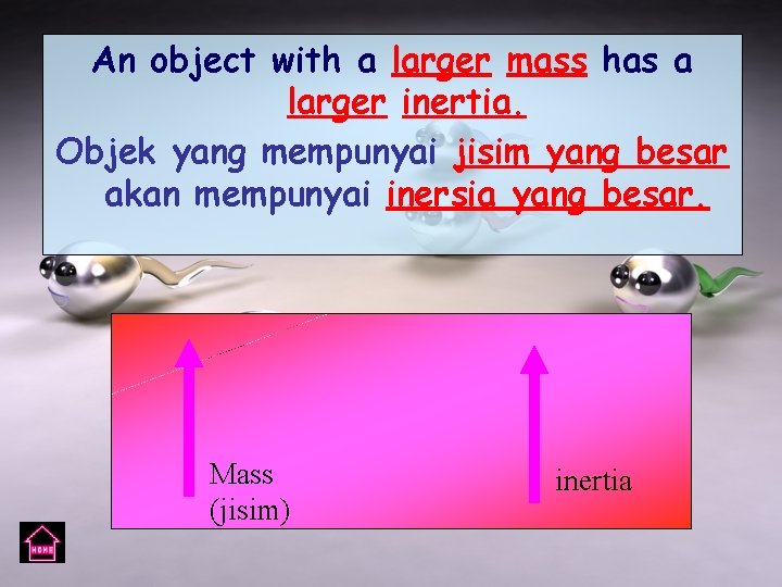 An object with a larger mass has a larger inertia. Objek yang mempunyai jisim