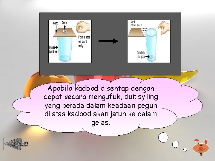 Apabila kadbod disentap dengan cepat secara mengufuk, duit syiling yang berada dalam keadaan pegun