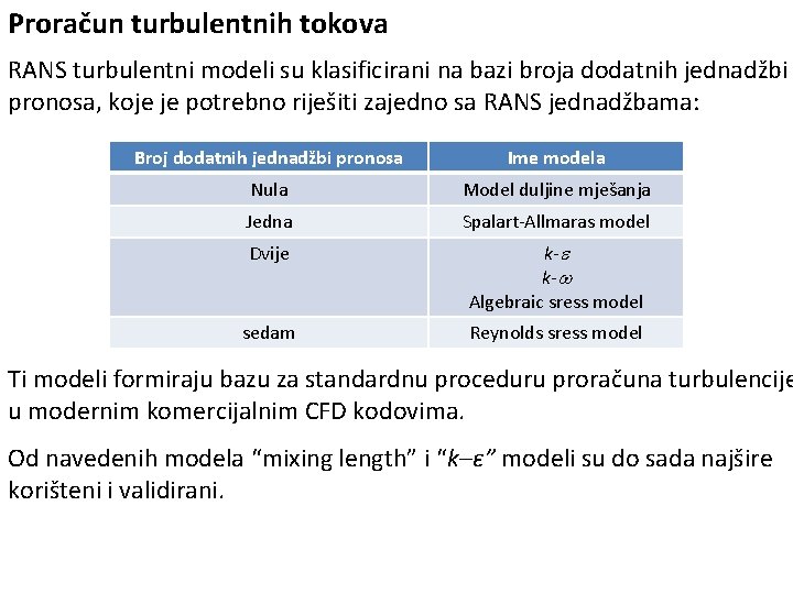 Proračun turbulentnih tokova RANS turbulentni modeli su klasificirani na bazi broja dodatnih jednadžbi pronosa,