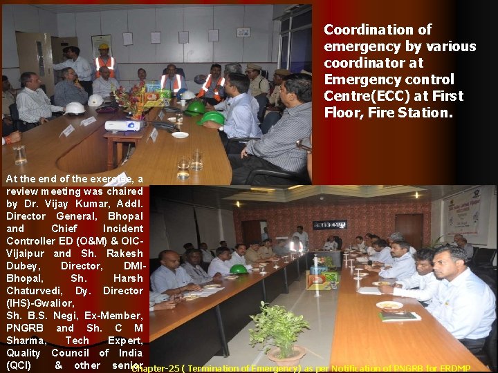 Coordination of emergency by various coordinator at Emergency control Centre(ECC) at First Floor, Fire