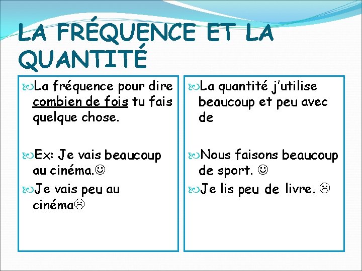 LA FRÉQUENCE ET LA QUANTITÉ La fréquence pour dire combien de fois tu fais