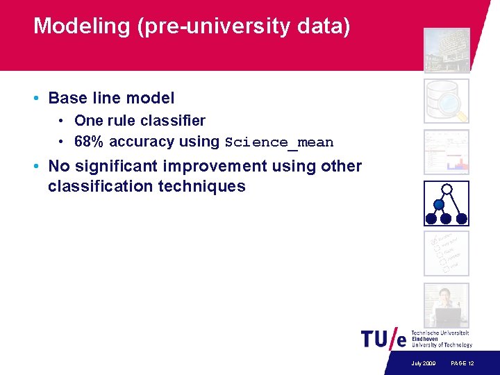 Modeling (pre-university data) • Base line model • One rule classifier • 68% accuracy