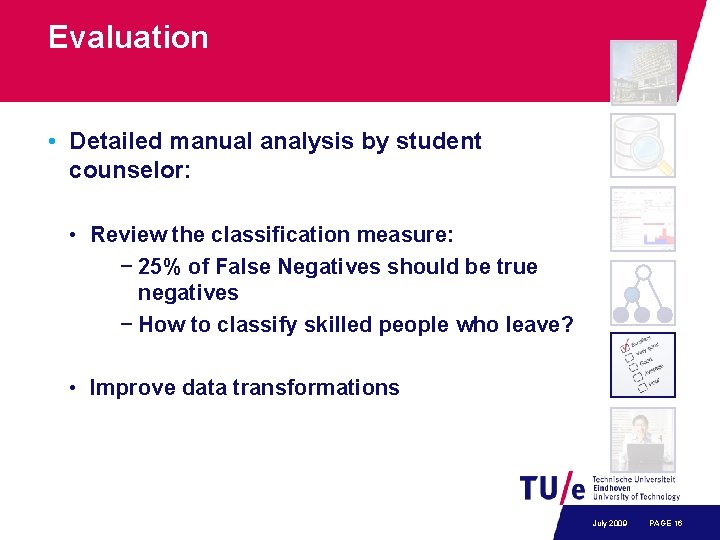 Evaluation • Detailed manual analysis by student counselor: • Review the classification measure: −