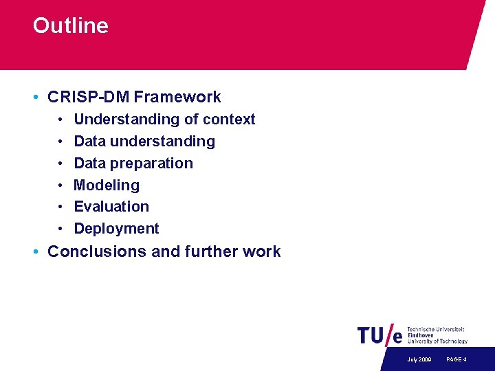 Outline • CRISP-DM Framework • • • Understanding of context Data understanding Data preparation
