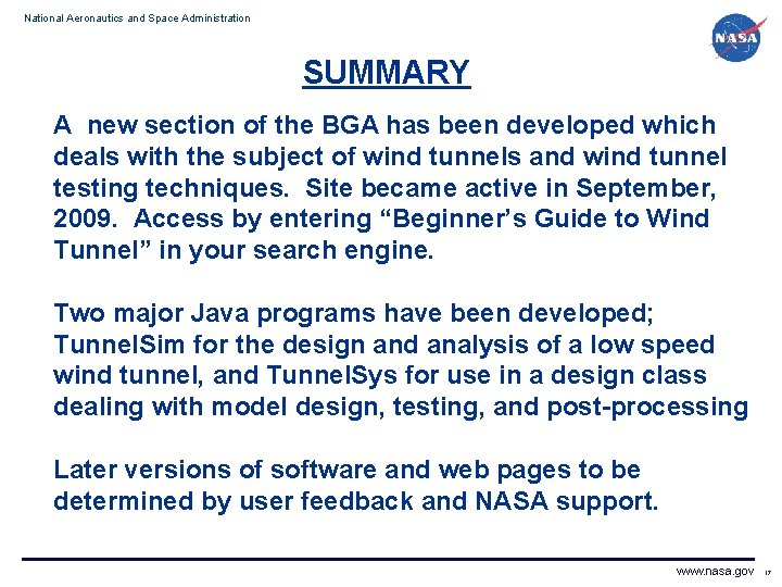 National Aeronautics and Space Administration SUMMARY A new section of the BGA has been