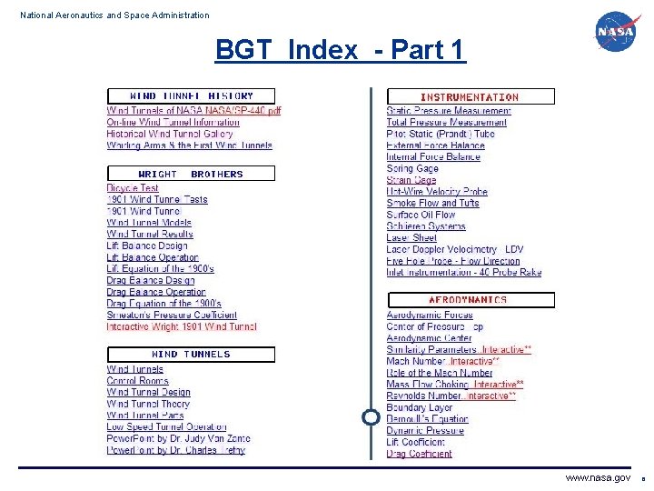 National Aeronautics and Space Administration BGT Index - Part 1 www. nasa. gov 6