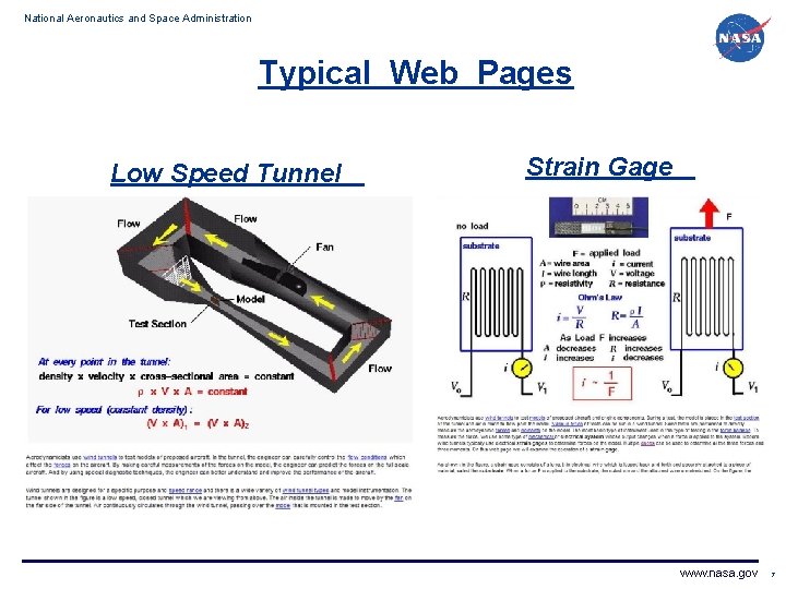 National Aeronautics and Space Administration Typical Web Pages Low Speed Tunnel Strain Gage www.