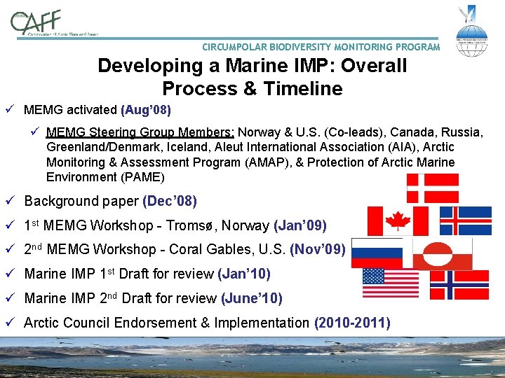 CIRCUMPOLAR BIODIVERSITY MONITORING PROGRAM Developing a Marine IMP: Overall Process & Timeline ü MEMG