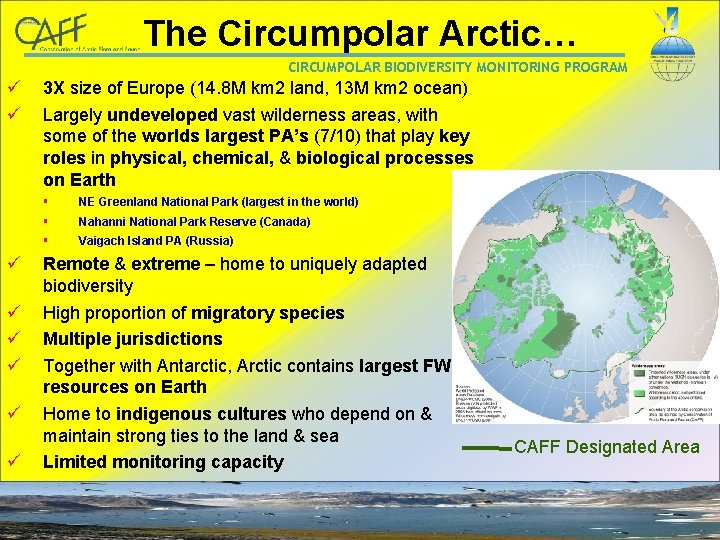 The Circumpolar Arctic… CIRCUMPOLAR BIODIVERSITY MONITORING PROGRAM ü ü ü ü 3 X size