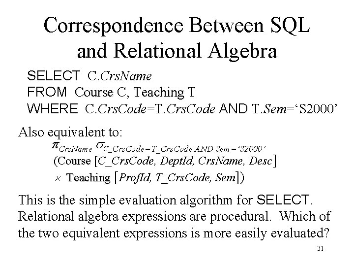 Correspondence Between SQL and Relational Algebra SELECT C. Crs. Name FROM Course C, Teaching Correspondence Between SQL and Relational Algebra SELECT C. Crs. Name FROM Course C, Teaching