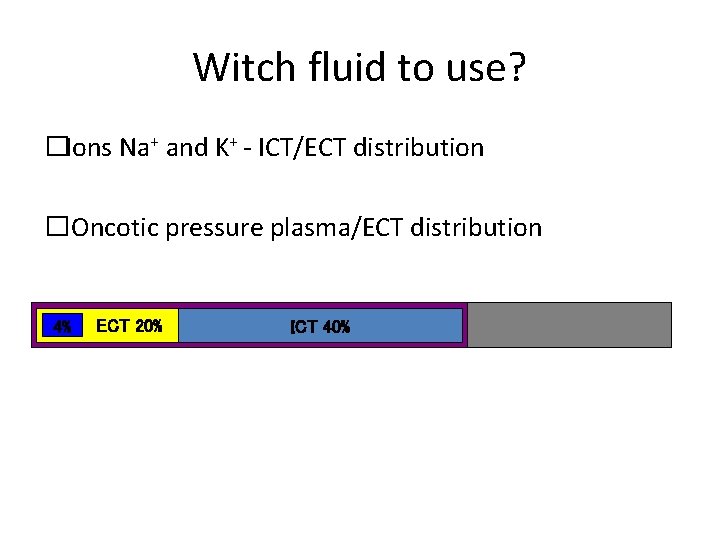 Witch fluid to use? �Ions Na+ and K+ - ICT/ECT distribution � Oncotic pressure