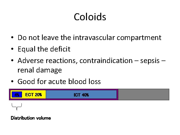 Coloids • Do not leave the intravascular compartment • Equal the deficit • Adverse