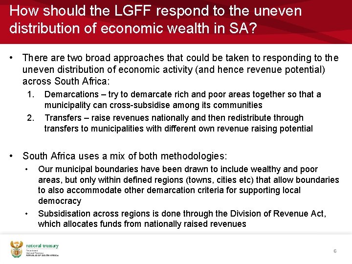 How should the LGFF respond to the uneven distribution of economic wealth in SA?